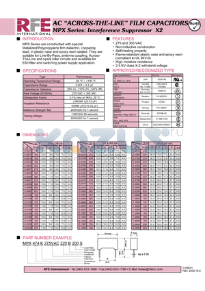 MPX474K275VAC225B200S datasheet - AC ACROSS-THE-LINE FILM CAPACITORS MPX Series: Interference Suppressor X2