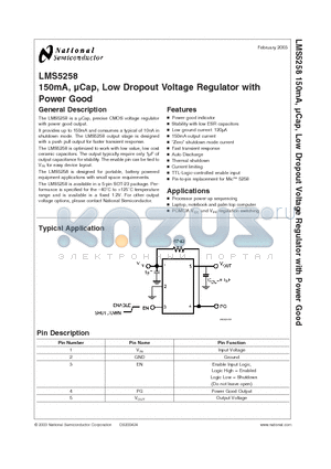 LMS5258MF-1 datasheet - 150mA, Cap, Low Dropout Voltage Regulator with Power Good