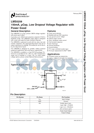 LMS5258MFX-1 datasheet - 150mA, Cap, Low Dropout Voltage Regulator with Power Good