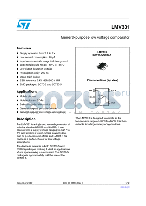 LMV331ILT datasheet - General-purpose low voltage comparator