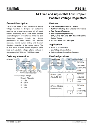 RT9164-35CLR datasheet - 1A FIXED AND ADJUSTABLE LOW DROPOUT POSITIVE VOLTAGE REGULATORS