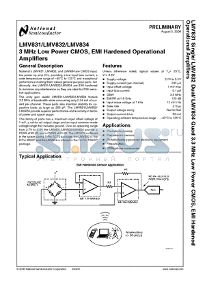 LMV831 datasheet - 3 MHz Low Power CMOS, EMI Hardened Operational Amplifiers