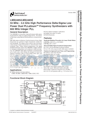 LMX2485ESQX datasheet - 50 MHz - 3.0 GHz High Performance Delta-Sigma Low Power Dual PLLatinum Frequency Synthesizers with 800 MHz Integer PLL