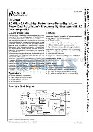 LMX2487 datasheet - 1.0 GHz - 6.0 GHz High Performance Delta-Sigma Low Power Dual PLLatinum Frequency Synthesizers with 3.0 GHz Integer PLL