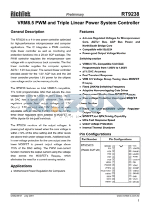 RT9238 datasheet - VRM 8.5 PWM AND TRIPLE LINEAR POWER SYSTEM CONTROLLER