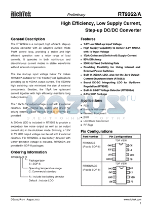 RT9262 datasheet - HIGH EFFICIENCY, LOW SUPPLY CURRENT, STEP-UP DC/DC CONVERTER