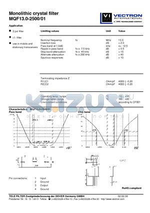 MQF13.0-2500 datasheet - Monolithic crystal filter