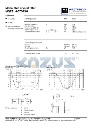 MQF21.4-0750-16 datasheet - Monolithic crystal filter