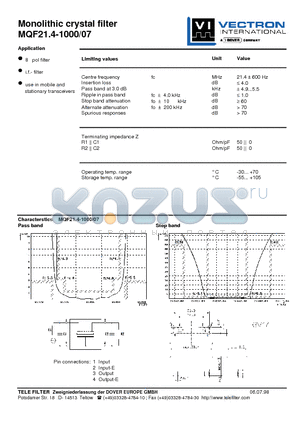 MQF21.4-1000-07 datasheet - Monolithic crystal filter