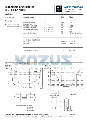 MQF21.4-1200-07 datasheet - Monolithic crystal filter