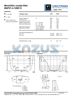 MQF21.4-1200-15 datasheet - Monolithic crystal filter