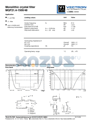 MQF21.4-1500-48 datasheet - Monolithic crystal filter