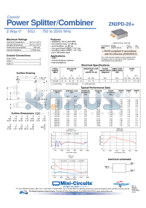 ZN2PD-20+ datasheet - Power Splitter/Combiner 2 Way-0 50Y 750 to 2000 MHz