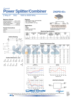 ZN2PD-63+ datasheet - Power Splitter/Combiner 2 Way-0 50Y 1800 to 6000 MHz