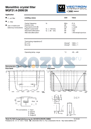 MQF21.4-2000-26 datasheet - Monolithic crystal filter