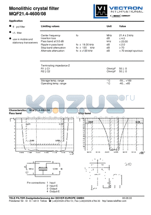 MQF21.4-4600-08 datasheet - Monolithic crystal filter