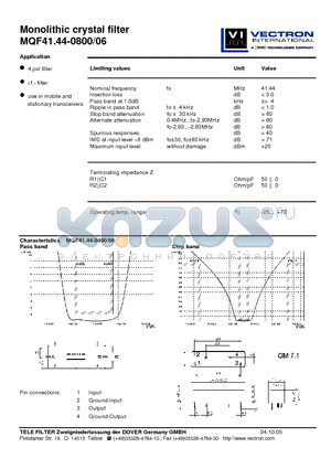 MQF41.44-0800-06 datasheet - Monolithic crystal filter