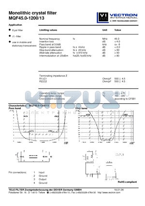 MQF45.0-1200-13_06 datasheet - Monolithic crystal filter