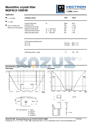 MQF45.0-1500-09 datasheet - Monolithic crystal filter