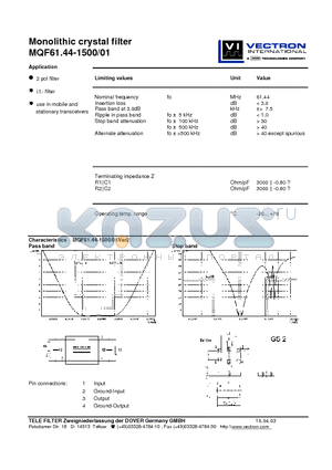 MQF61.44-1500-01 datasheet - Monolithic crystal filter