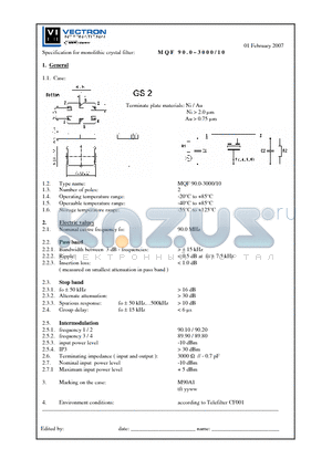 MQF90.0-3000-10 datasheet - Specification for monolithic crystal filter