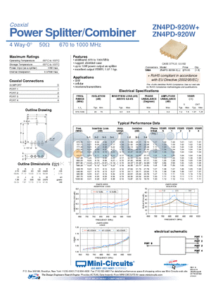 ZN4PD-920W datasheet - Power Splitter/Combiner