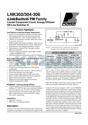 LNK302P datasheet - Lowest Component Count, Energy Efficient Off-Line Switcher IC