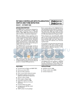 ZNBG3113Q20 datasheet - FET BIAS CONTROLLER WITH POLARISATION SWITCH AND TONE DETECTION