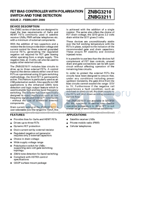 ZNBG3210Q20 datasheet - FET BIAS CONTROLLER WITH POLARISATION SWITCH AND TONE DETECTION