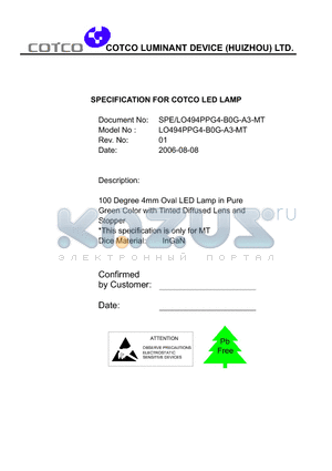 LO494PPG4-B0G-A3-MT datasheet - 100 Degree 4mm Oval LED Lamp in Pure Green Color