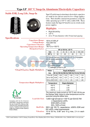 LP182M035A1P3 datasheet - 105 C Snap-In Aluminum Electrolytic Capacitors
