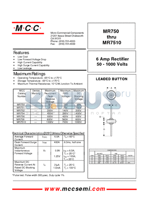MR751 datasheet - 6 Amp Rectifier 50 - 1000 Volts