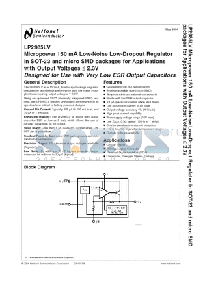 LP2985IBPX-1.5 datasheet - Micropower 150 mA Low-Noise Low-Dropout Regulator in SOT-23 and micro SMD packages for Applications