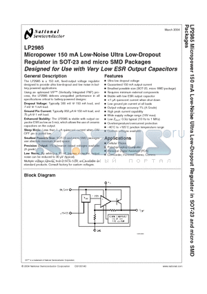 LP2985AIM5X-5.0 datasheet - Micropower 150 mA Low-Noise Ultra Low-Dropout Regulator Designed for Use with Very Low ESR Output Capacitors