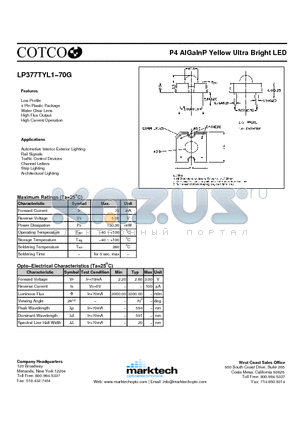 LP377TYL1-70G datasheet - P4 ALGAINP YELLOW ULTRA BRIGHT LED