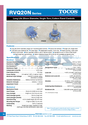 RVQ20N15FB100M datasheet - Long Life 20mm Diameter, Single-Turn, Carbon Panel Controls