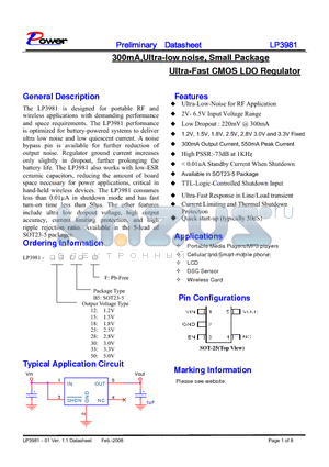 LP3981-33B5F datasheet - 300mA,Ultra-low noise, Small Package Ultra-Fast CMOS LDO Regulator