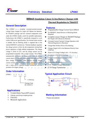 LP4062-B5F datasheet - 600mA Standalone Linear Li-Ion Battery Charger with Thermal Regulation in ThinSOT