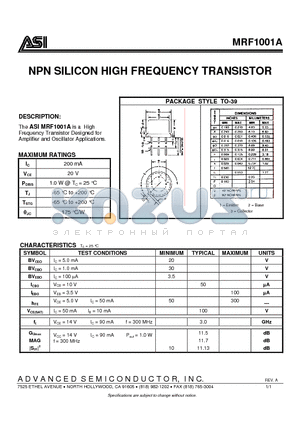 MRF1001A datasheet - NPN SILICON HIGH FREQUENCY TRANSISTOR