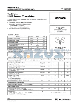 MRF1030 datasheet - UHF POWER TRANSISTOR