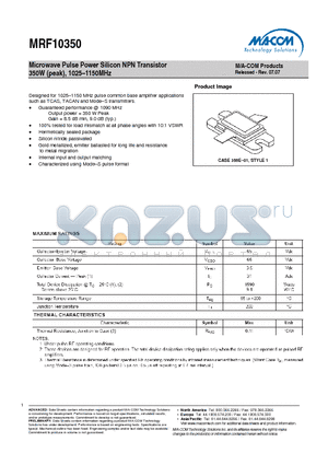 MRF10350 datasheet - Microwave Pulse Power Silicon NPN Transistor 350W (peak), 1025-1150MHz