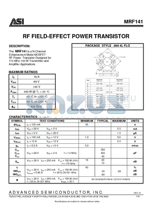 MRF141 datasheet - RF FIELD-EFFECT POWER TRANSISTOR