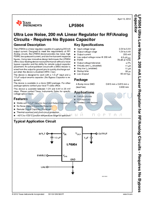 LP5904 datasheet - Ultra Low Noise, 200 mA Linear Regulator for RF/Analog Circuits - Requires No Bypass Capacitor