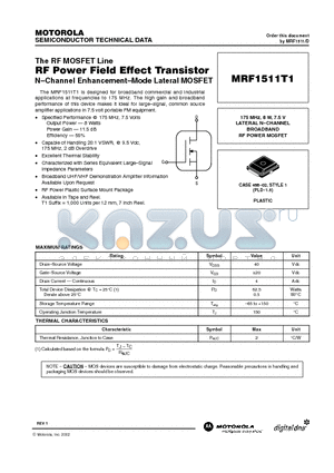 MRF1511T1 datasheet - RF POWER FIELD EFFECT TRANSISTORS N-CHANNEL ENHANCEMENT-MODE LATERAL MOSFET