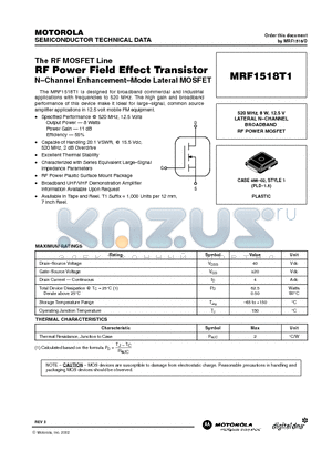 MRF1518T1 datasheet - The RF MOSFET Line RF POWER FIELD EFFECT TRANSISTOR