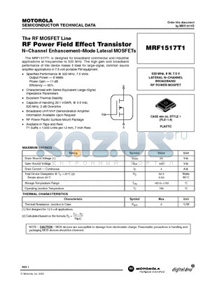MRF1517T1 datasheet - The RF MOSFET Line RF POWER FIELD EFFECT TRANSISTOR N-CHANNEL ENHANCEMENT-MODE LATERAL MOSFETS