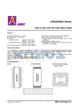 LP62S2048M-70LI datasheet - 256K X 8 BIT LOW VOLTAGE CMOS SRAM