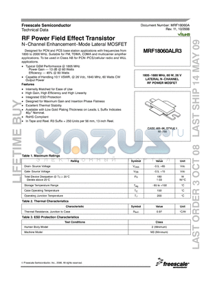 MRF18060ALR3_08 datasheet - RF Power Field Effect Transistor N-Channel Enhancement-Mode Lateral MOSFET