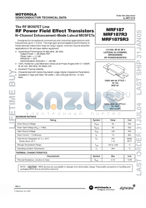 MRF187SR3 datasheet - RF POWER FIELD EFFECT TRANSISTORS