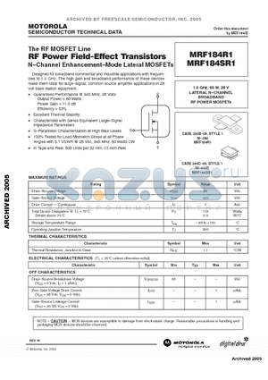 MRF184SR1 datasheet - N-Channel Enhancement-Mode Lateral MOSFETs
